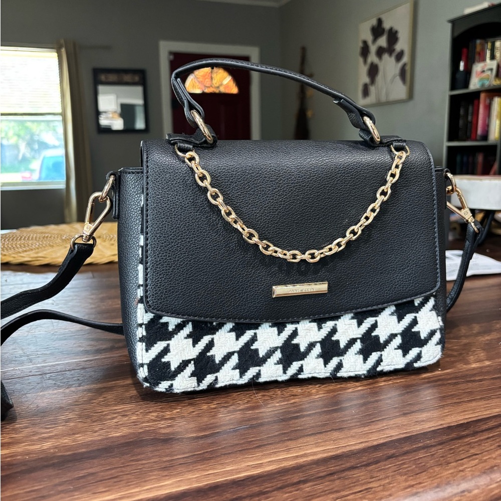 Anne Klein Black and White Houndstooth Crossbody Bag